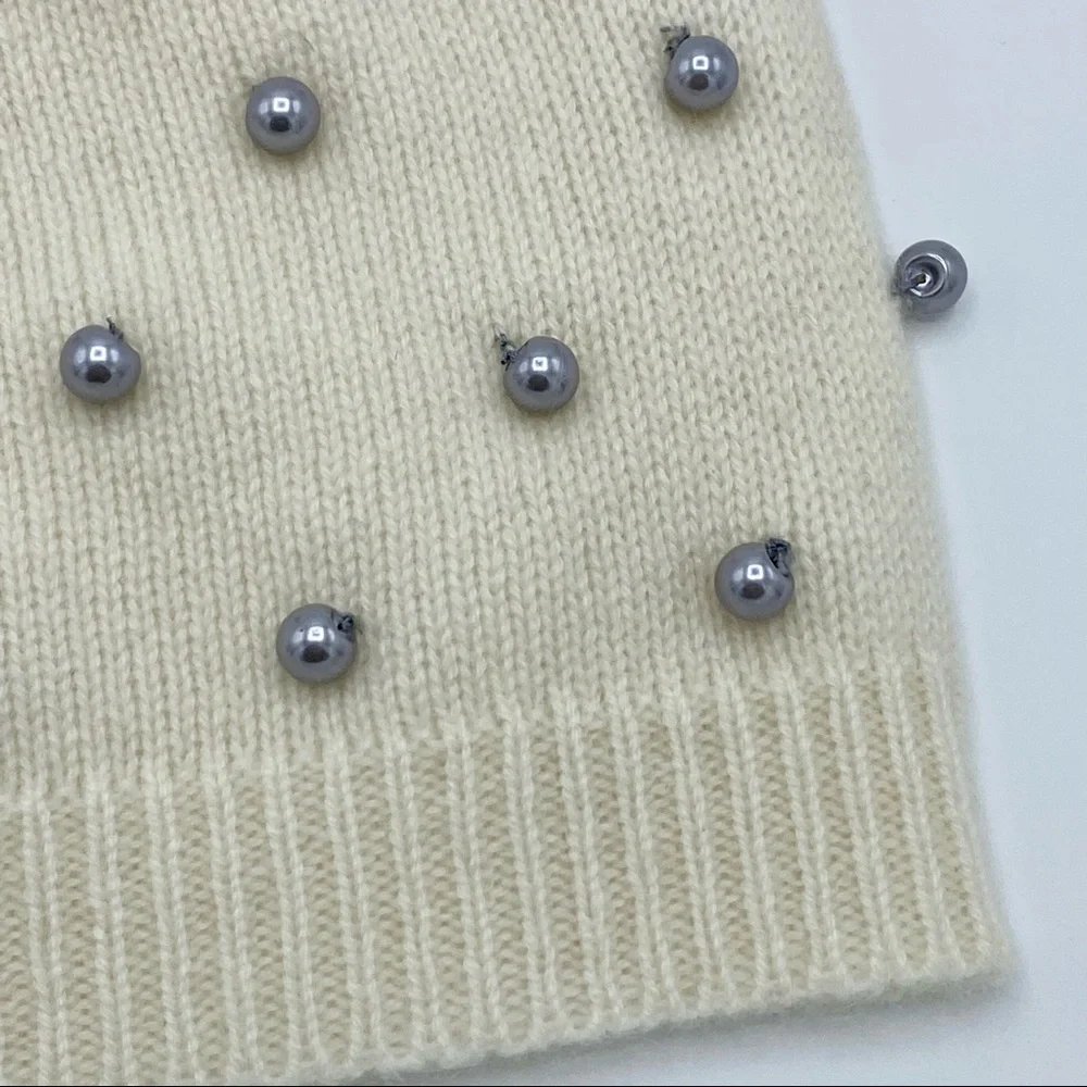 Quinn Cream Grey Pearl Trim Cashmere Beanie